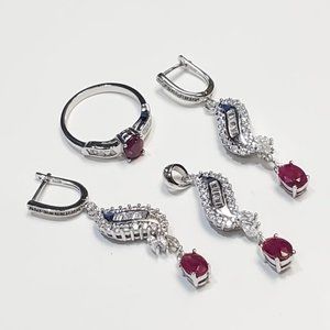 SILVER & RUBY Jewelry Set Earrings, Size 9 Ring, Necklace Pendant 3ct total